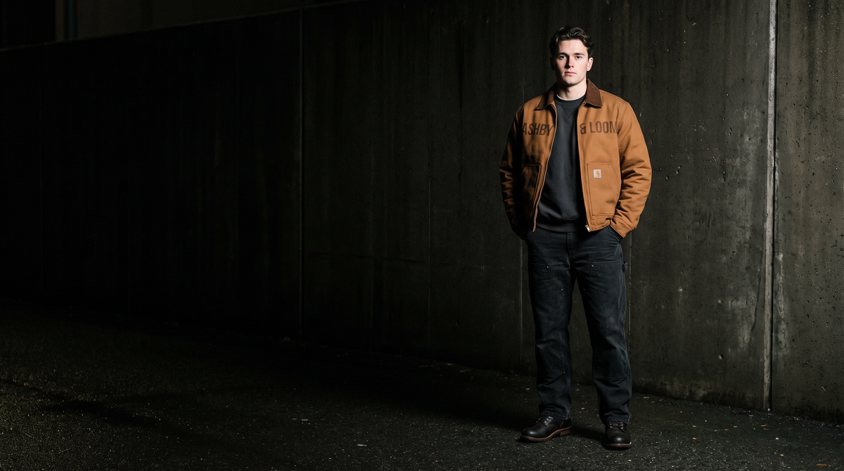 ASHBY & LOOM — veste de travail tabac et pantalon charpentier noir, de nuit