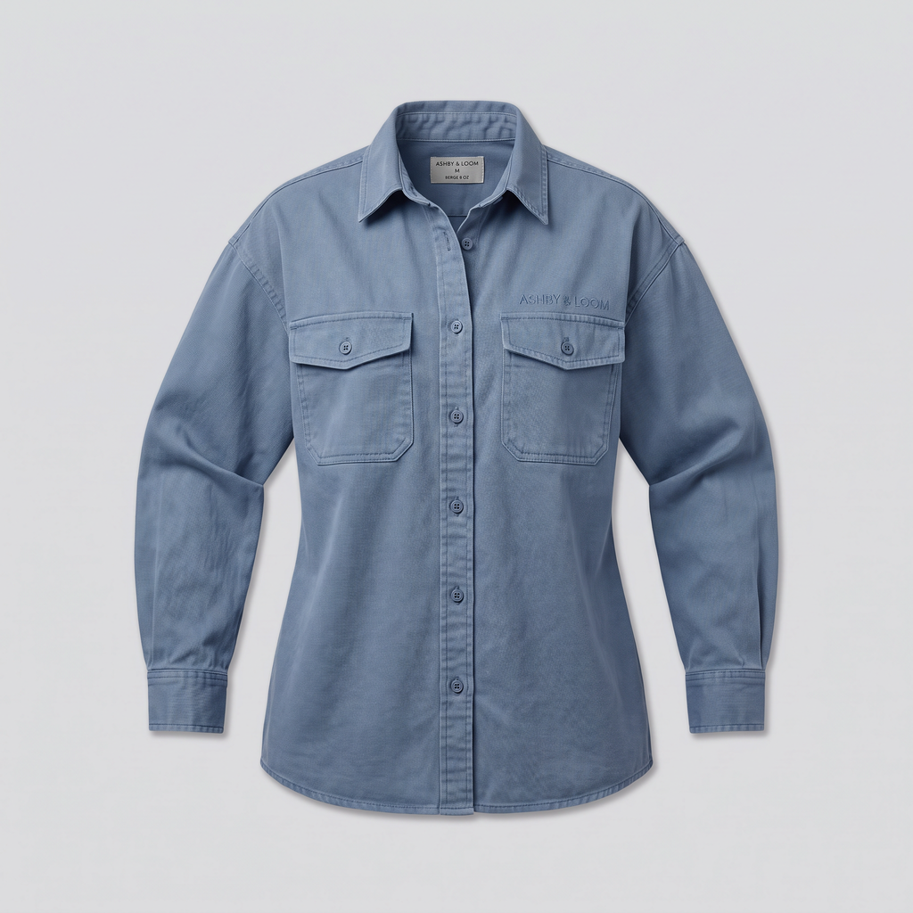 Chemise de travail oversize en sergé, bleu de travail, vue de face — ASHBY & LOOM