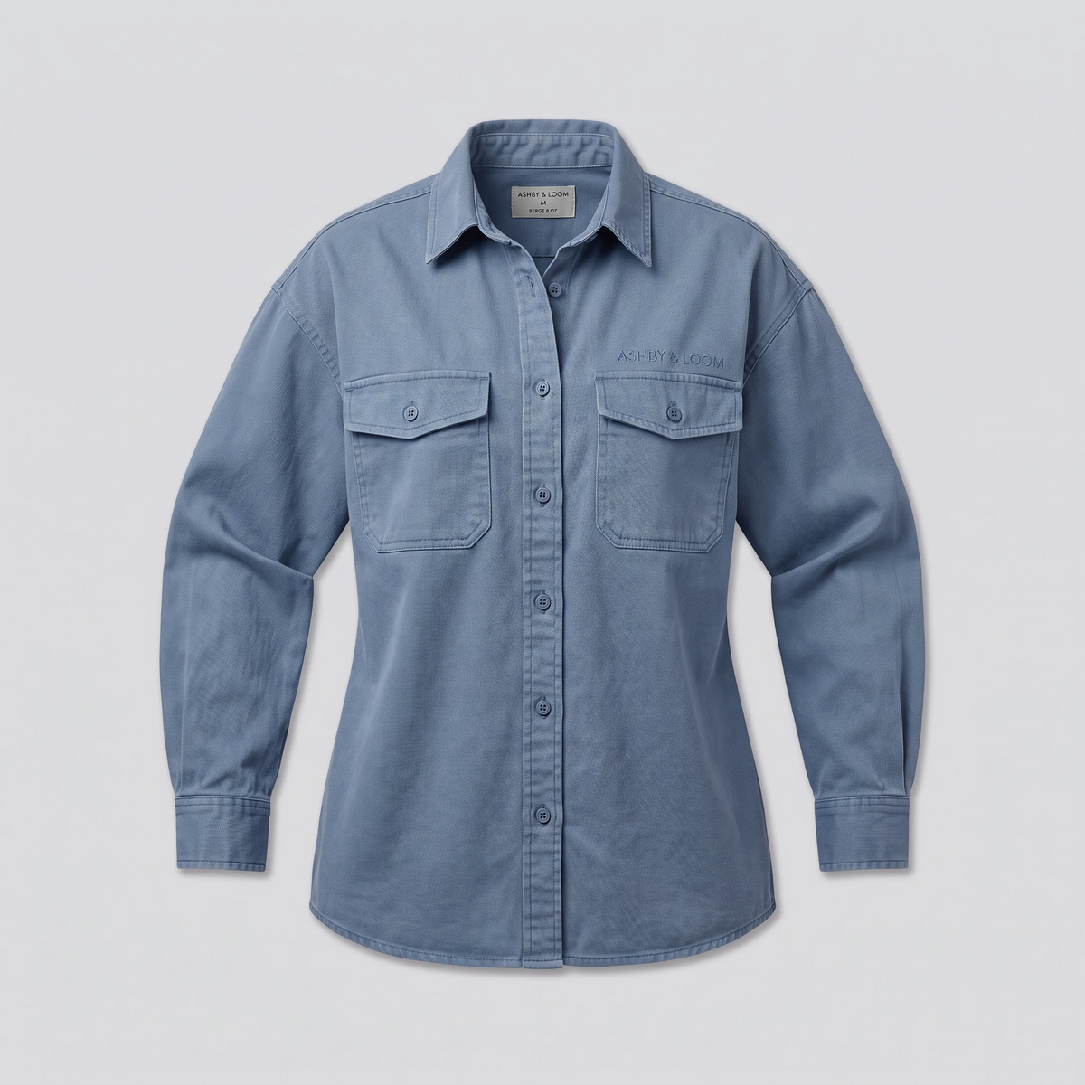 Chemise de travail oversize en sergé, bleu de travail, vue de face — ASHBY & LOOM