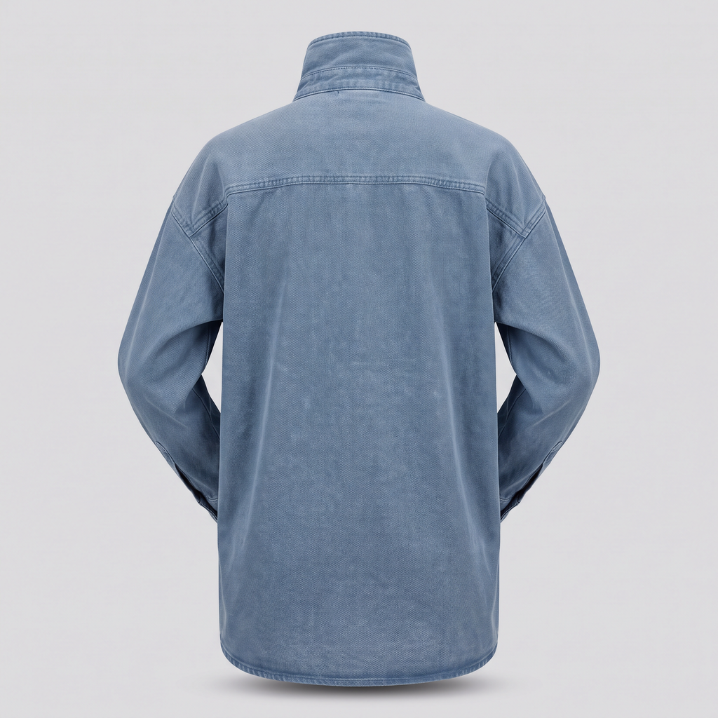 Chemise de travail oversize en sergé, bleu de travail, vue de dos — ASHBY & LOOM