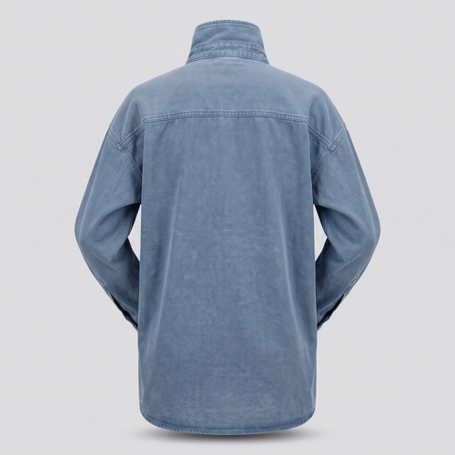 Chemise de travail oversize en sergé, bleu de travail, vue de dos — ASHBY & LOOM