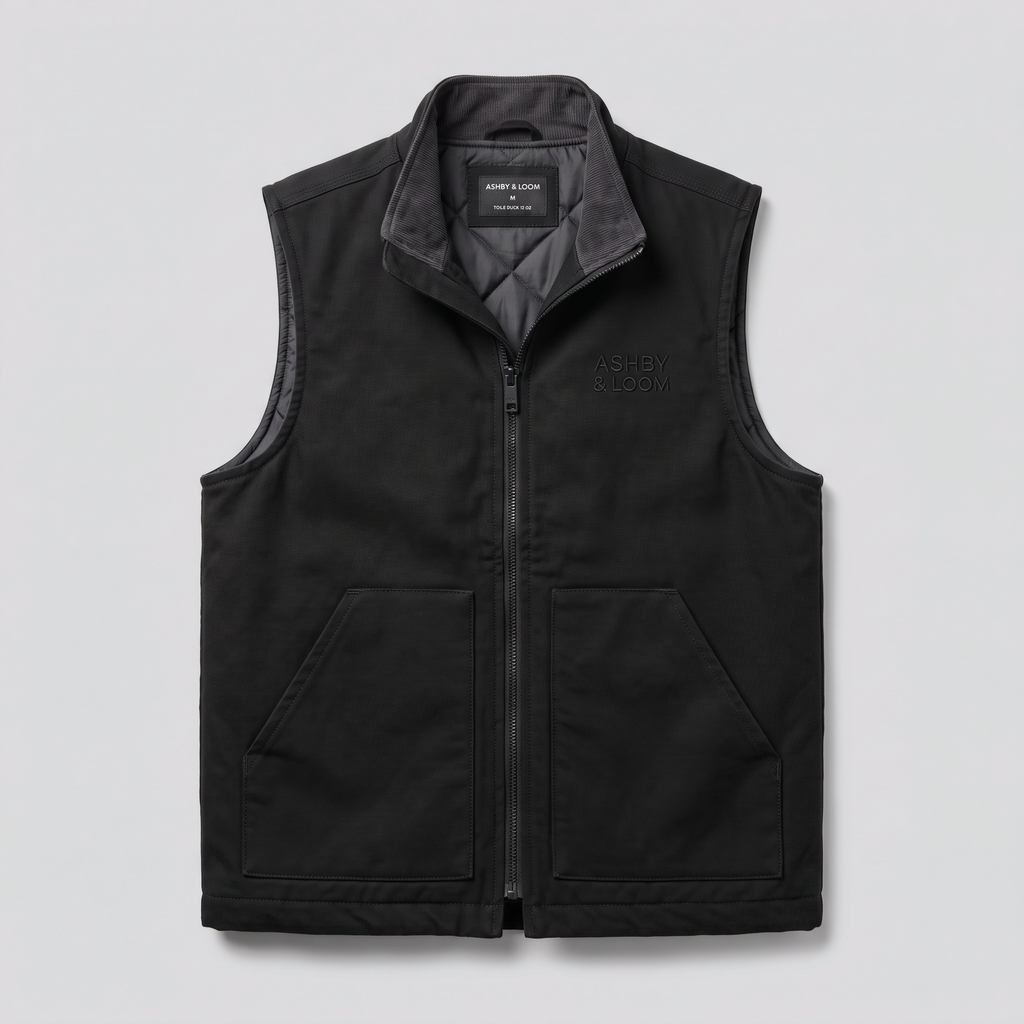 Gilet de travail doublé, noir, vue de face — ASHBY & LOOM
