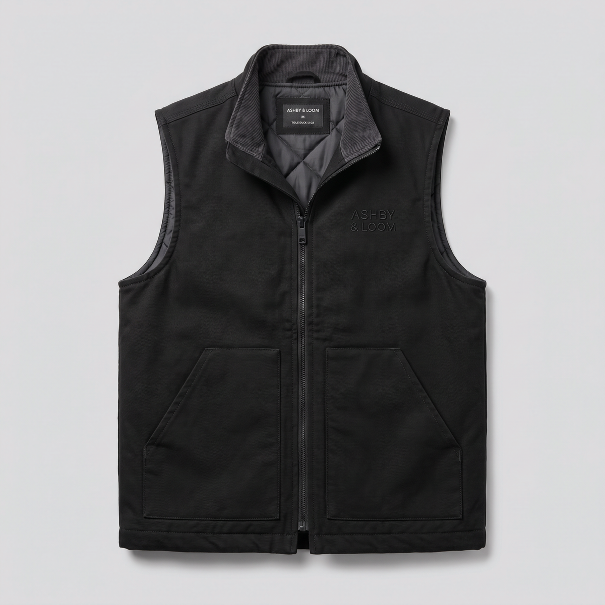 Gilet de travail doublé, noir, vue de face — ASHBY & LOOM