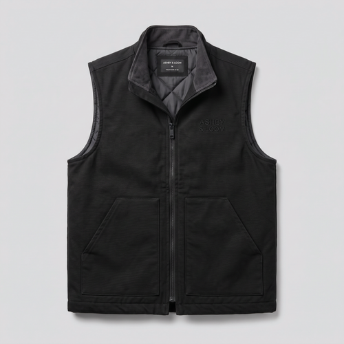 Gilet de travail doublé, noir, vue de face — ASHBY & LOOM
