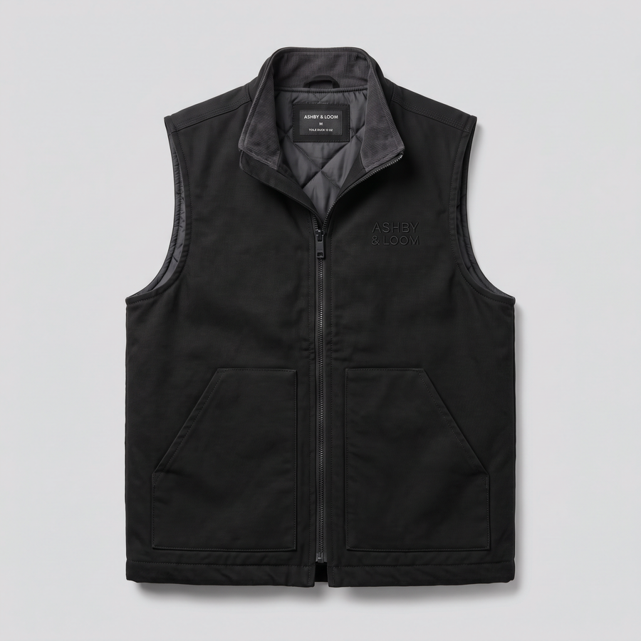 Gilet de travail doublé, noir, vue de face — ASHBY & LOOM