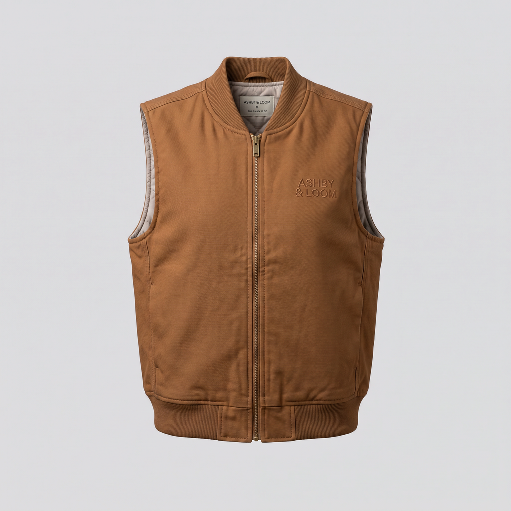 Gilet sans manches en toile duck, tabac, vue de face — ASHBY & LOOM