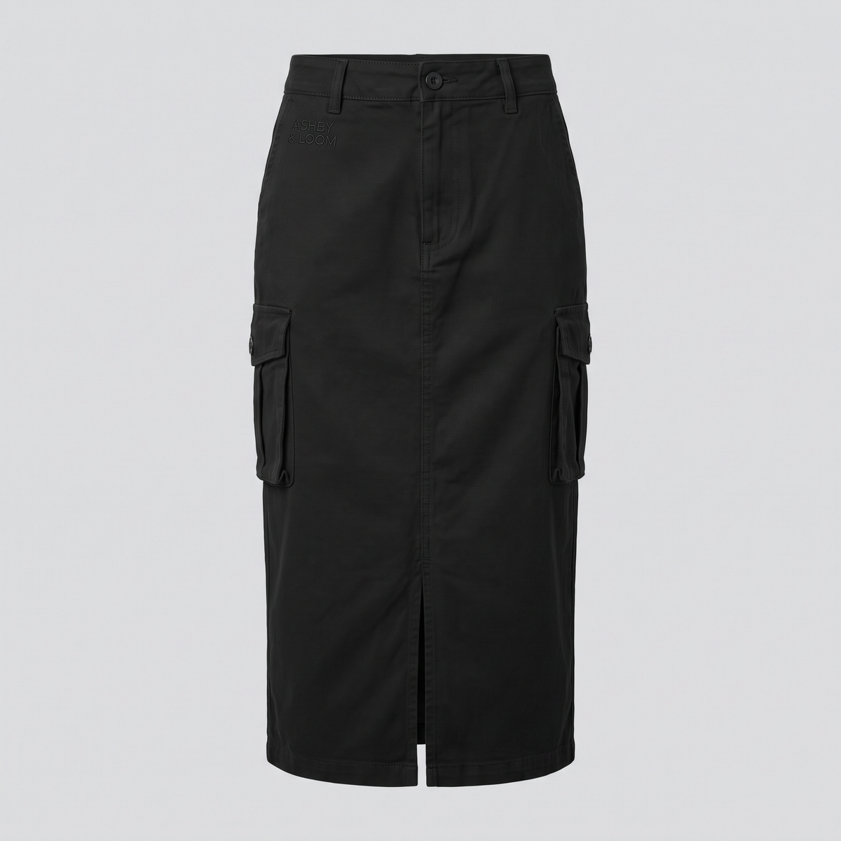 Jupe cargo midi en toile, noir, vue de face — ASHBY & LOOM