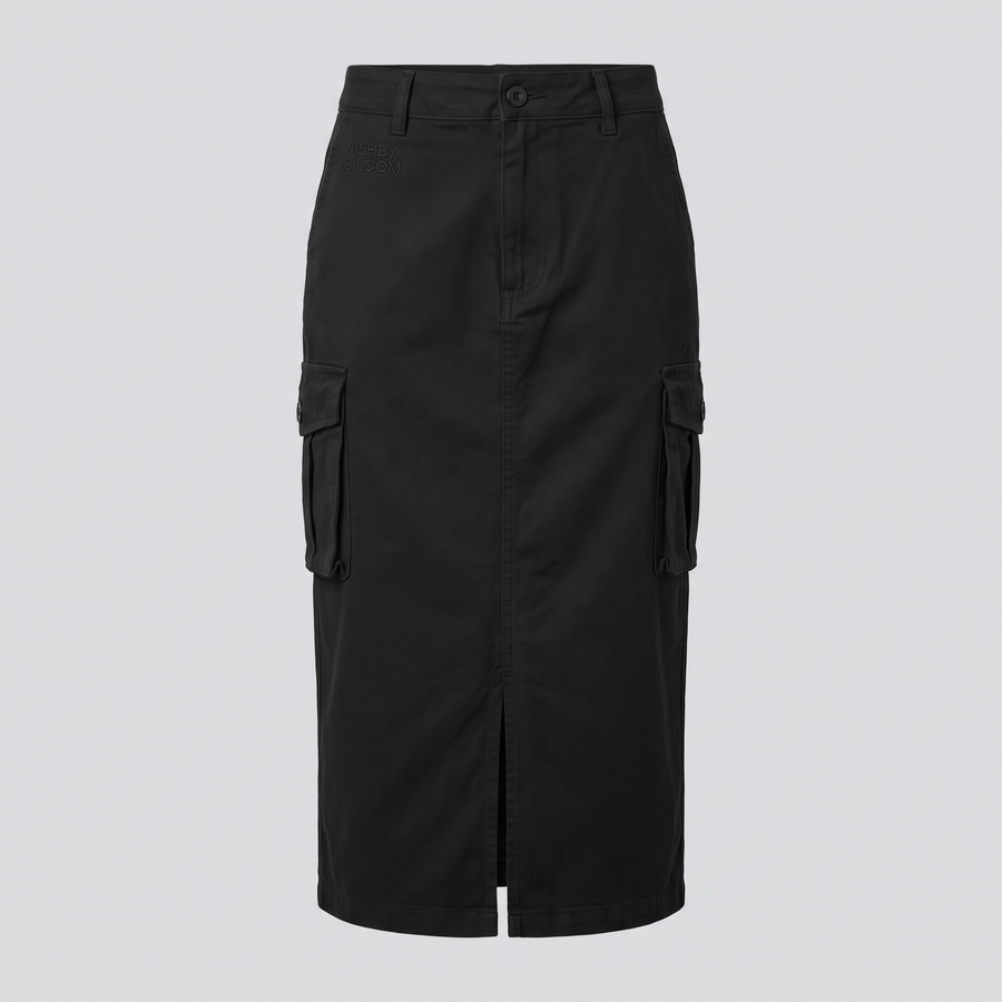 Jupe cargo midi en toile, noir, vue de face — ASHBY & LOOM