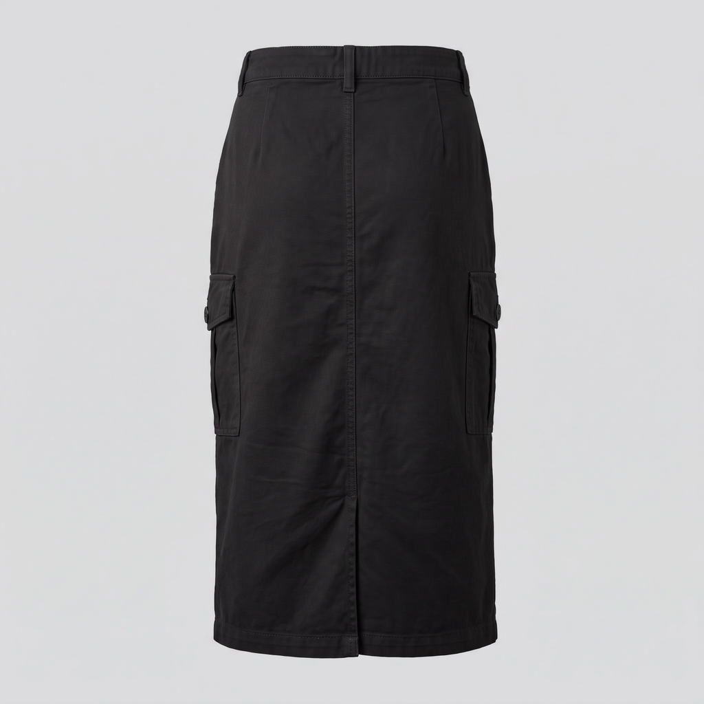 Jupe cargo midi en toile, noir, vue de dos — ASHBY & LOOM