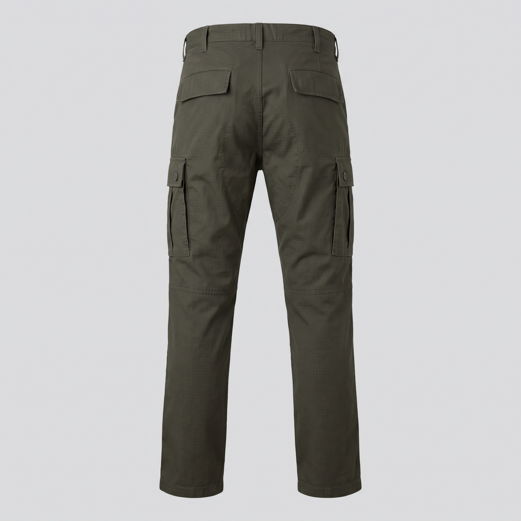 Pantalon cargo en ripstop, olive, vue de dos — ASHBY & LOOM