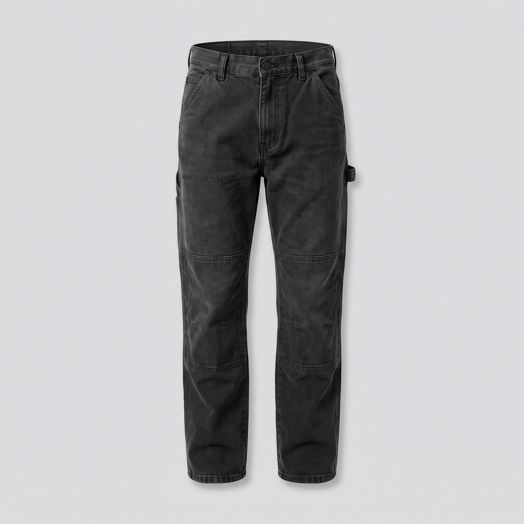 Pantalon charpentier double genou, noir délavé, vue de face — ASHBY & LOOM