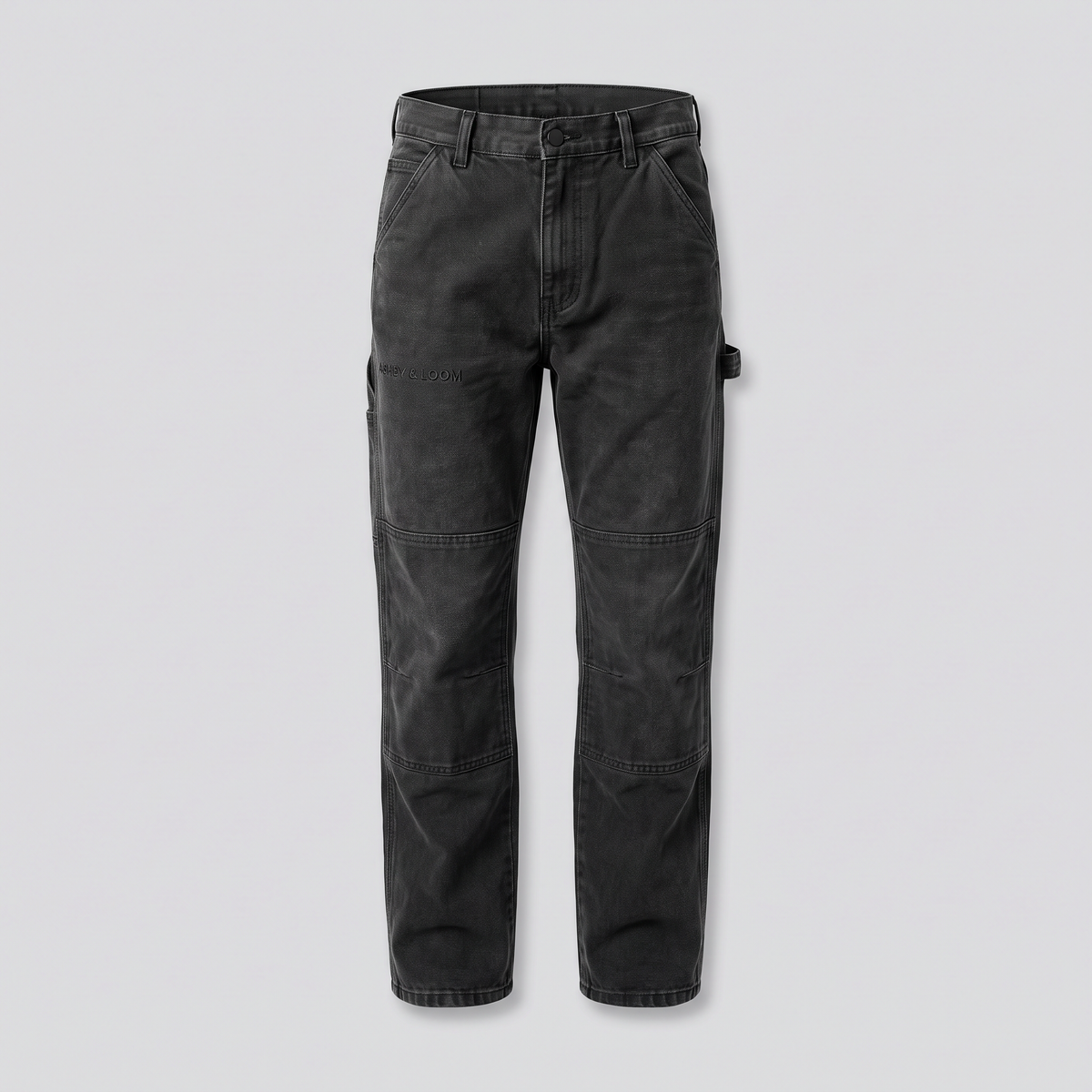 Pantalon charpentier double genou, noir délavé, vue de face — ASHBY & LOOM