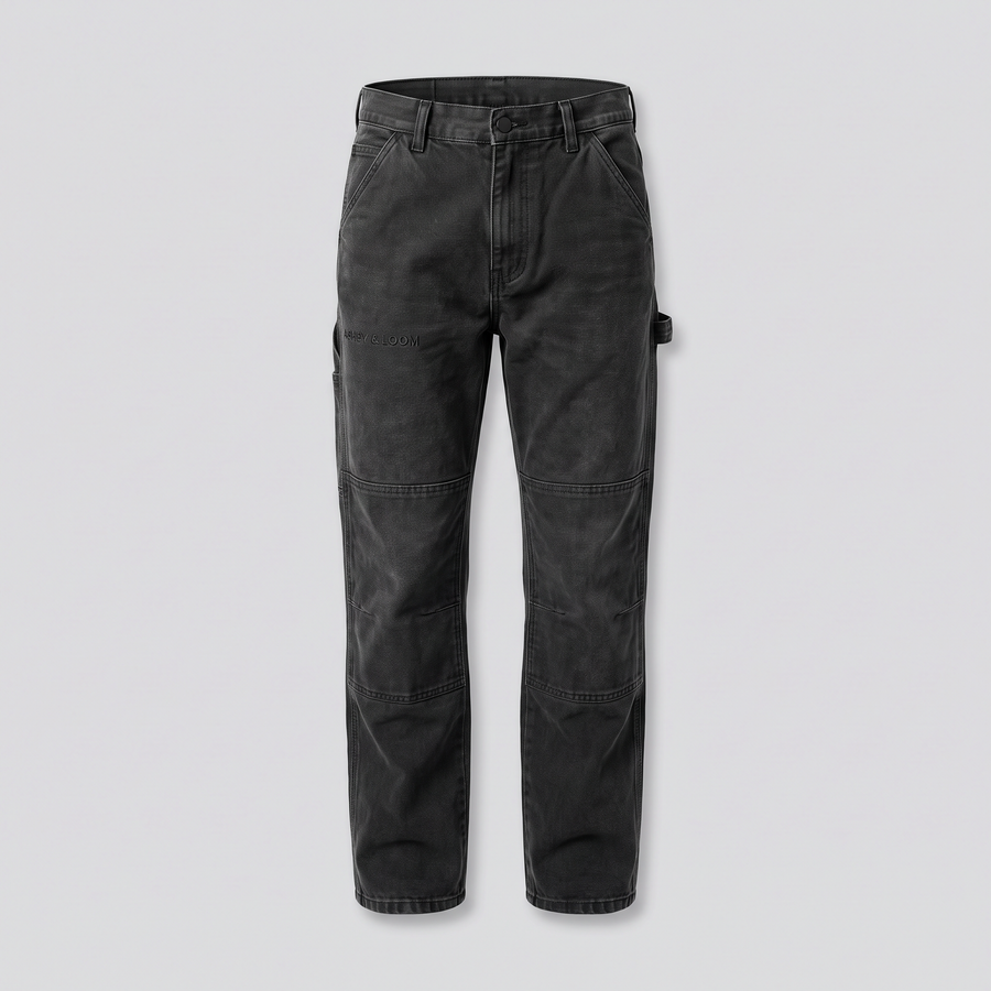 Pantalon charpentier double genou, noir délavé, vue de face — ASHBY & LOOM