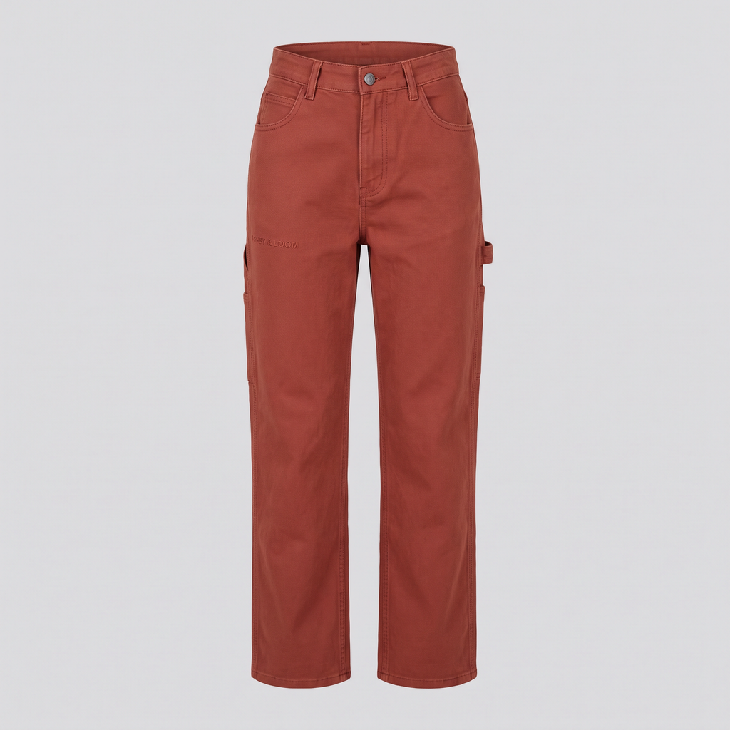 Pantalon charpentier droit, brique, vue de face — ASHBY & LOOM