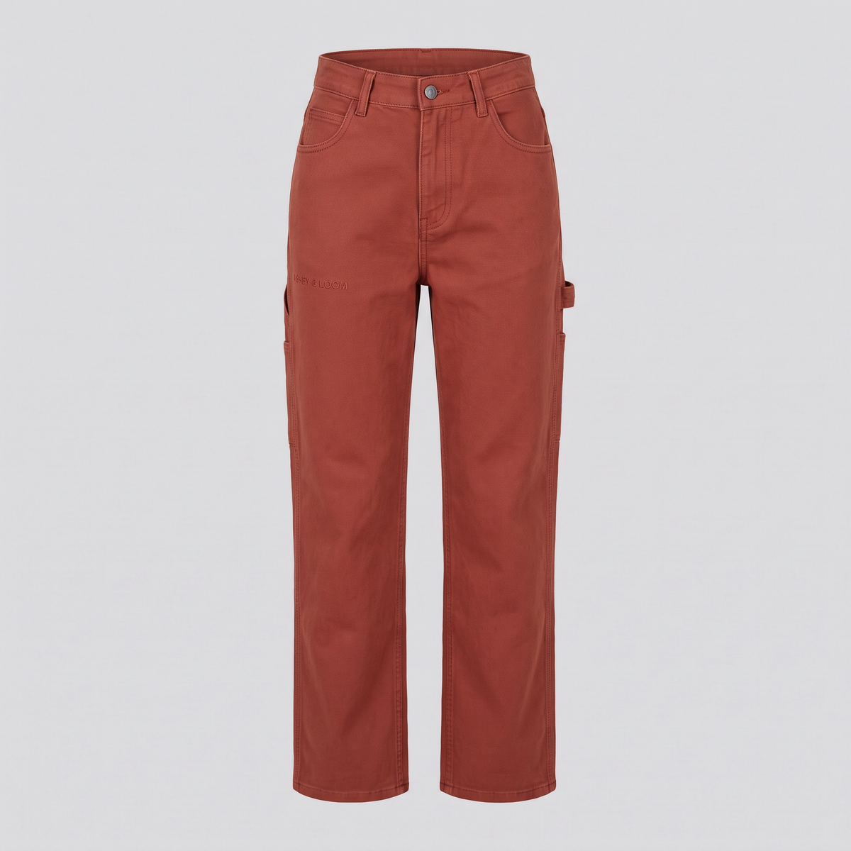 Pantalon charpentier droit, brique, vue de face — ASHBY & LOOM