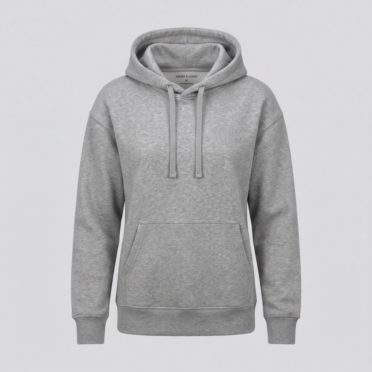 Sweat à capuche molleton lourd, gris chiné, vue de face — ASHBY & LOOM