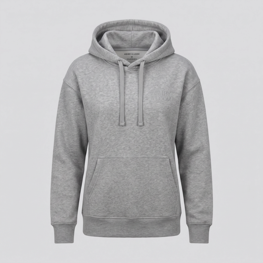 Sweat à capuche molleton lourd, gris chiné, vue de face — ASHBY & LOOM