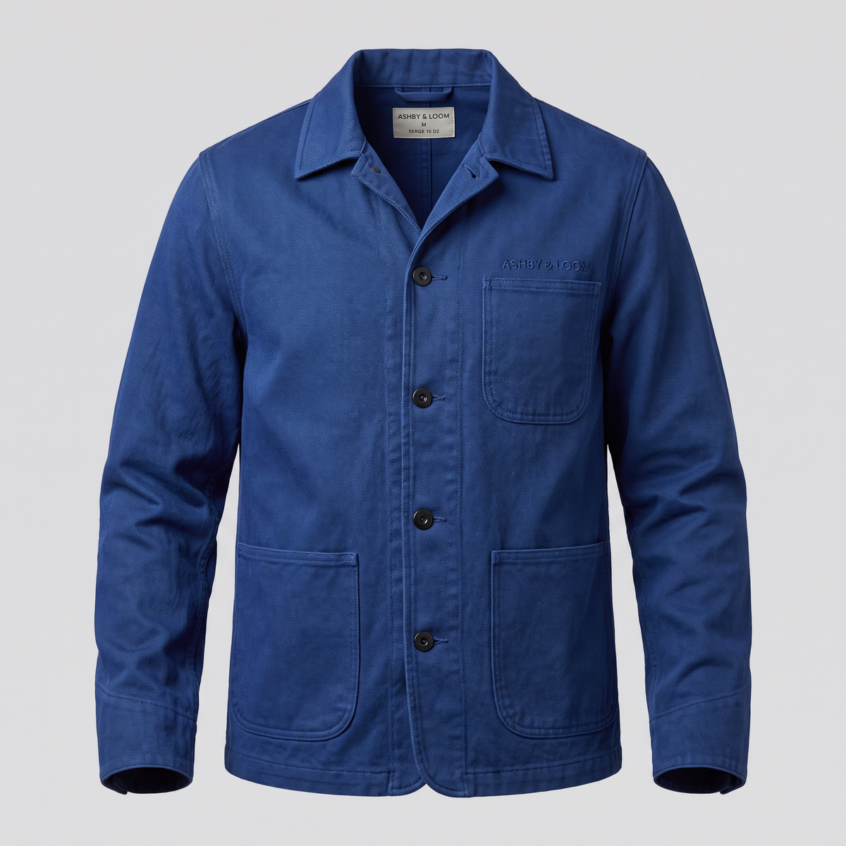 Veste bleu de travail en sergé, bleu de Chine, vue de face — ASHBY & LOOM
