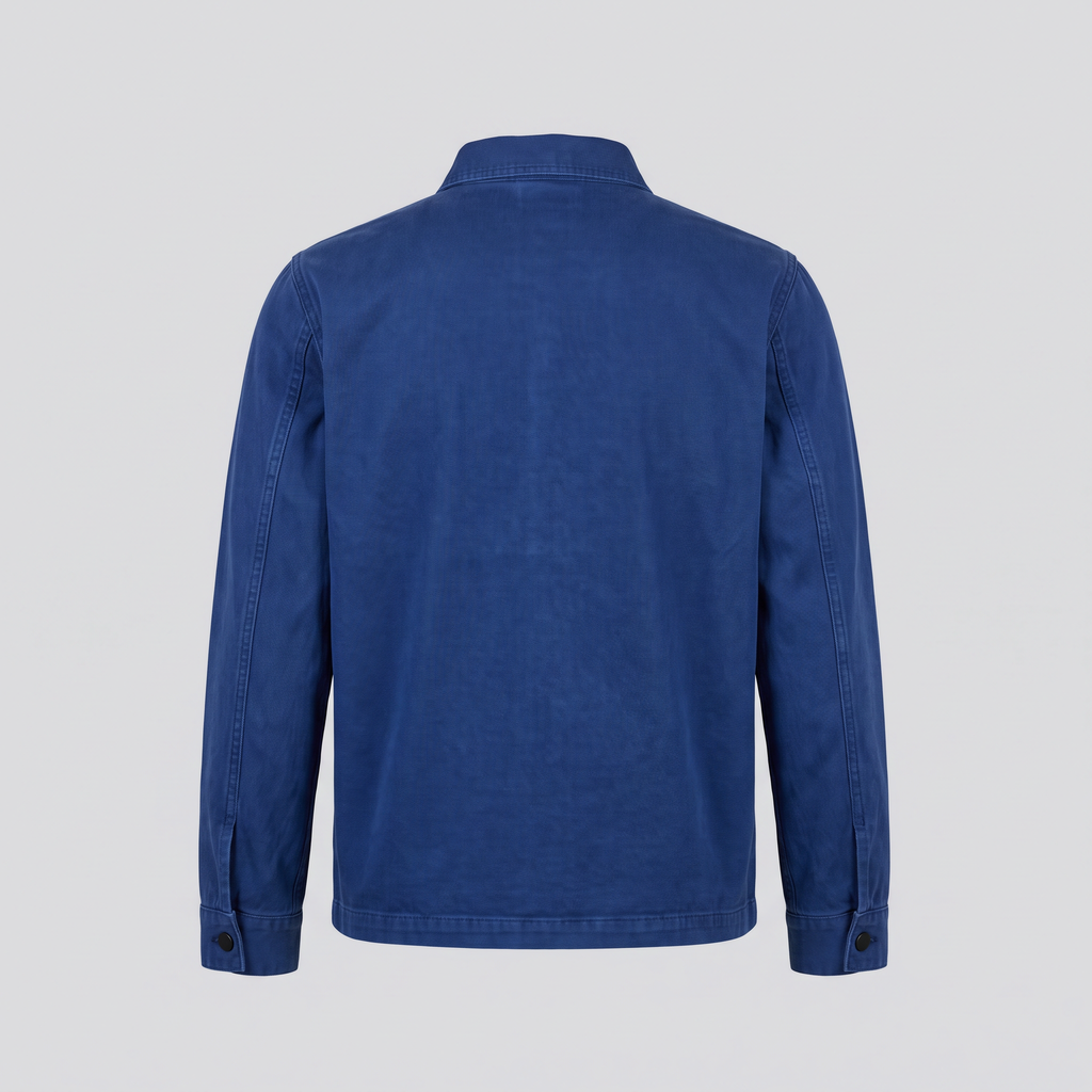 Veste bleu de travail en sergé, bleu de Chine, vue de dos — ASHBY & LOOM